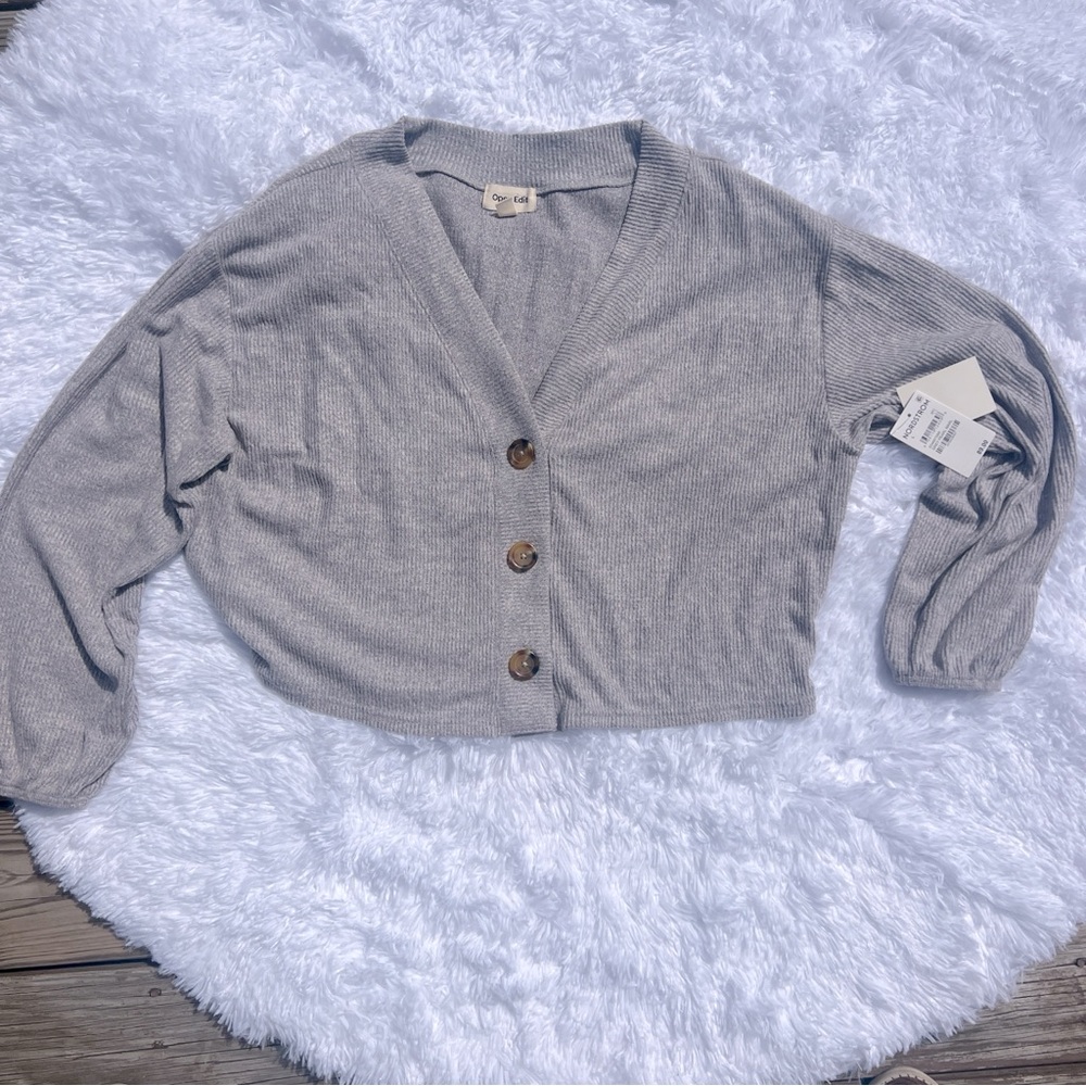NWT Open Edit Ribbed Knit Grey Crop Cardigan Sweater Button Down Large